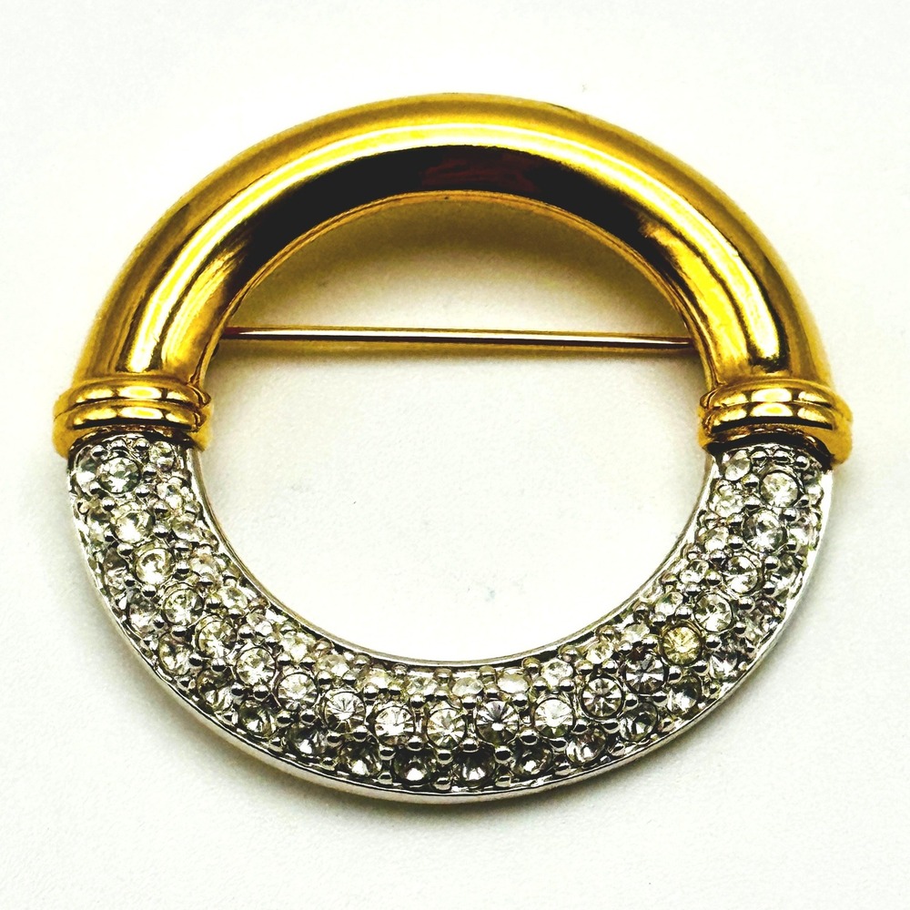 Swarovski Two Tone Pave Crystal Circle Brooch Gold Silver Tone Swan Logo Pin